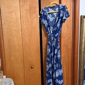Blue Floral Wrap Maxi Dress - Women Lulus Small